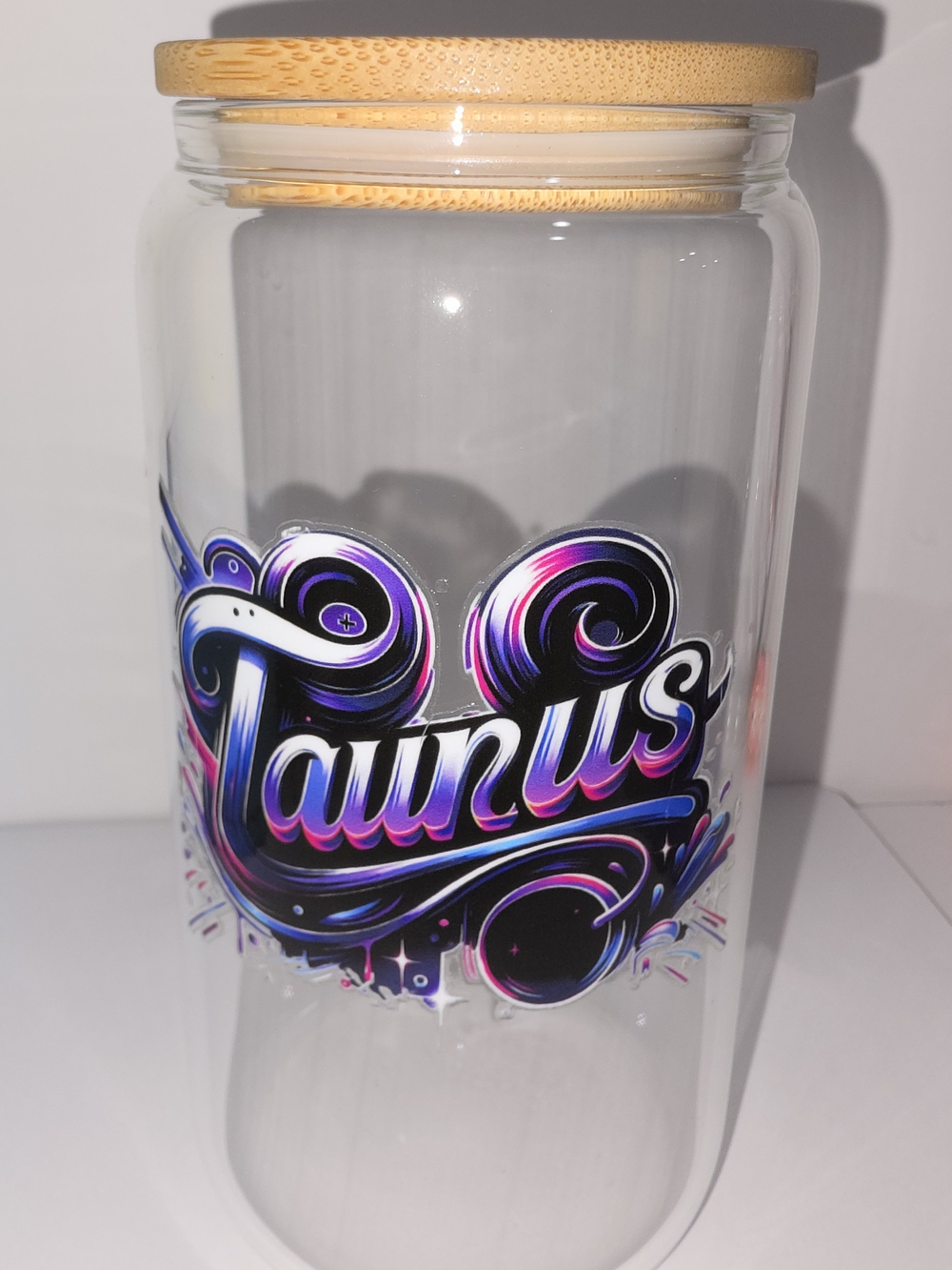 Clear Glass Canister with Bamboo Lid - Purple/Pink 'Taurus' Design